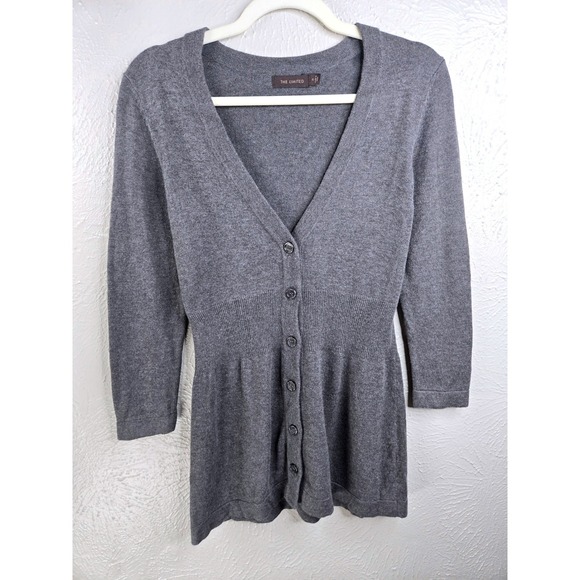 The Limited Sweaters - The Limited Deep V Button Cardigan Sweater S Gray Knit 3/4 Sleeve Fitted Y2k Top